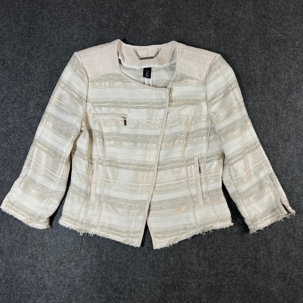 White House Black Market Metallic Tweed Moto Jacket Cream Gold Size 10